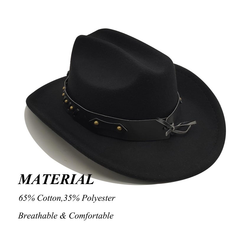 Willheoy Kids Cowboy Hat for Girls Boys Western Cowgirl Hat with Buckle Belt Unisex Wide Brim Fedora Hat Dress Up Costume B-Black - Image 3